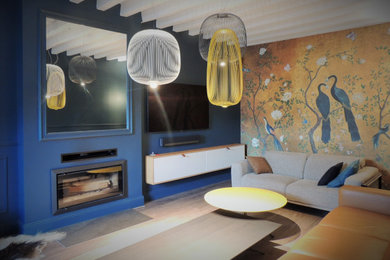 Cette photo montre un salon tendance ouvert avec un mur bleu, sol en stratifié, un poêle à bois, un téléviseur dissimulé et un sol beige.