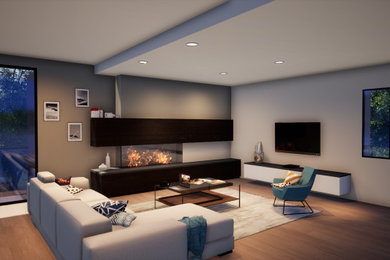 Cette image montre un salon design de taille moyenne avec un sol en bois brun et une cheminée d'angle.