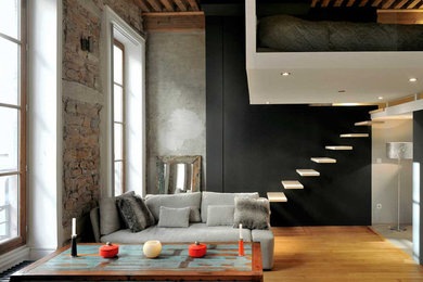 Пример оригинального дизайна: гостиная комната среднего размера в стиле модернизм