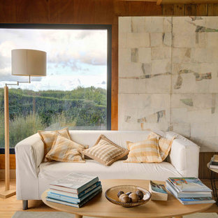 Inspiration pour un salon marin avec un mur marron, un sol en bois brun et un sol marron.