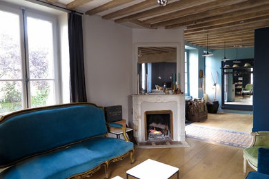 パリにある中くらいなトランジショナルスタイルのおしゃれなLDK (ライブラリー、白い壁、淡色無垢フローリング、コーナー設置型暖炉、石材の暖炉まわり) の写真