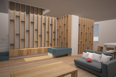 Diseño de salón abierto contemporáneo de tamaño medio con suelo de madera clara