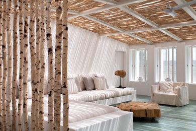 Immagine di un soggiorno stile marinaro di medie dimensioni con pavimento in legno verniciato e pavimento turchese