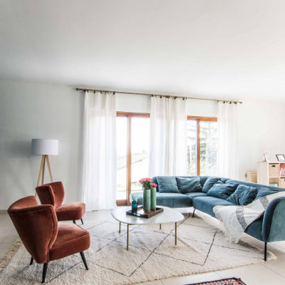 Living room - large scandinavian formal and open concept porcelain tile and beige floor living room idea in Lyon with gray walls and no tv