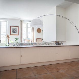 Foto di un piccolo soggiorno design aperto con pareti bianche, pavimento in terracotta, camino classico, cornice del camino in intonaco, nessuna TV e pavimento rosa
