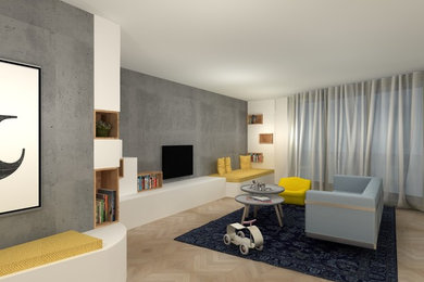 Modern inredning av ett mellanstort allrum med öppen planlösning, med ett bibliotek, grå väggar, ljust trägolv och en väggmonterad TV