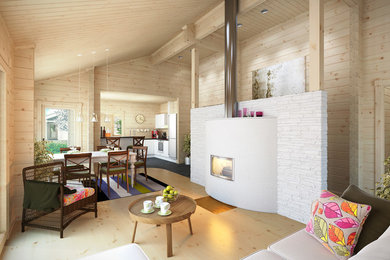 Maritimes Wohnzimmer mit beiger Wandfarbe und hellem Holzboden in Bordeaux