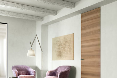 Пример оригинального дизайна: гостиная комната в современном стиле с белыми стенами и полом из керамической плитки