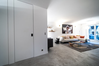 Cette image montre un salon minimaliste de taille moyenne et ouvert avec un sol gris.
