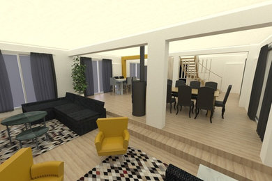 Aménagement d'un salon moderne de taille moyenne et ouvert avec un mur blanc, parquet clair, un poêle à bois et un téléviseur indépendant.