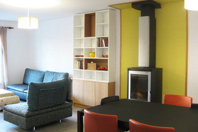 Cette image montre un salon design avec un poêle à bois.