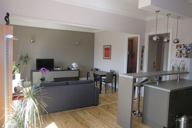 Kleines, Offenes Modernes Wohnzimmer mit Hausbar, bunten Wänden, braunem Holzboden, freistehendem TV und braunem Boden in Saint-Etienne
