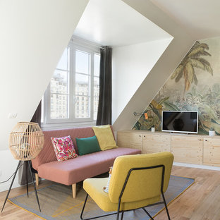 Cette image montre un petit salon ethnique avec un sol en bois clair, aucune cheminée, un mur multicolore et un téléviseur indépendant.