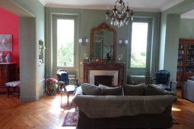 Großes, Offenes Klassisches Wohnzimmer mit grüner Wandfarbe, braunem Holzboden, Kamin, Kaminumrandung aus Stein und beigem Boden in Lyon