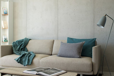 Aménagement d'un salon scandinave avec un mur gris et sol en béton ciré.