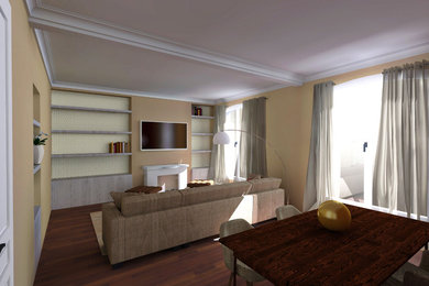 Cette image montre un salon minimaliste de taille moyenne et ouvert avec une salle de réception, un mur beige, parquet foncé, une cheminée standard, un manteau de cheminée en pierre et un téléviseur fixé au mur.