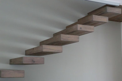 Immagine di una scala a rampa dritta contemporanea di medie dimensioni con pedata in legno e nessuna alzata