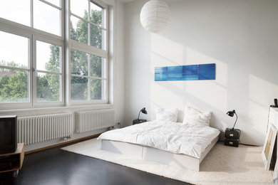 Foto de dormitorio tipo loft urbano de tamaño medio sin chimenea con paredes blancas