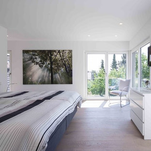 Großes Modernes Hauptschlafzimmer ohne Kamin mit weißer Wandfarbe, hellem Holzboden und braunem Boden in Sonstige