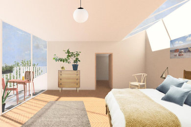 Modelo de dormitorio tipo loft actual de tamaño medio con paredes blancas y suelo de madera en tonos medios