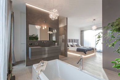 Großes Modernes Badezimmer mit weißer Wandfarbe, braunem Holzboden und beigem Boden in Hamburg