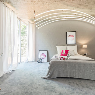 Mittelgroßes Modernes Hauptschlafzimmer ohne Kamin mit weißer Wandfarbe, Teppichboden und grauem Boden in Sonstige