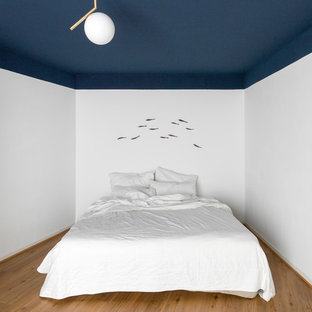 Mittelgroßes Maritimes Hauptschlafzimmer ohne Kamin mit blauer Wandfarbe, braunem Holzboden und braunem Boden in Hamburg