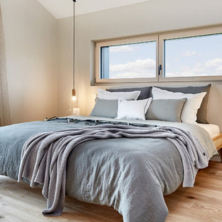 Mittelgroßes Modernes Hauptschlafzimmer ohne Kamin mit grauer Wandfarbe, hellem Holzboden und beigem Boden in Sonstige