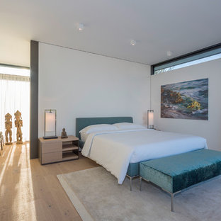 Großes Modernes Hauptschlafzimmer mit weißer Wandfarbe, hellem Holzboden und beigem Boden in Sonstige