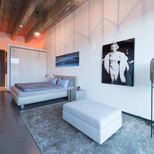Großes Industrial Schlafzimmer ohne Kamin mit weißer Wandfarbe und grauem Boden in Sonstige