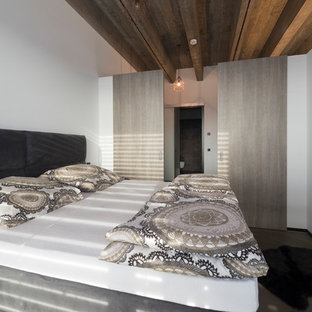 Industrial Hauptschlafzimmer ohne Kamin mit weißer Wandfarbe und grauem Boden in Sonstige