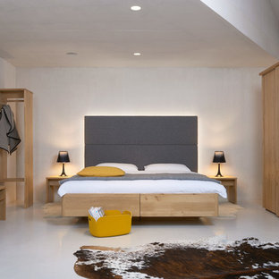 Mittelgroßes Modernes Hauptschlafzimmer ohne Kamin mit grauem Boden, weißer Wandfarbe und dunklem Holzboden in Nürnberg