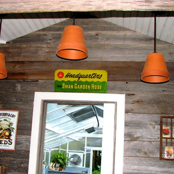 Clay pots make great pendant lights in a garden themed room