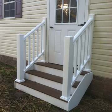 Pasadena MD, New Composite Shed Steps and Vinyl Railings, Note split rear posts
