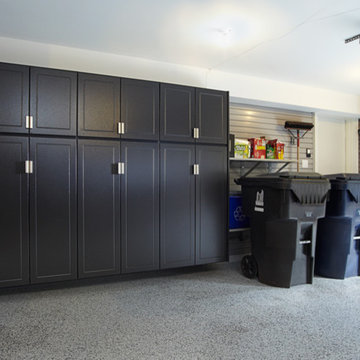 Pewter Garage Cabinets with gray slatwall