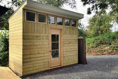 Example of a small mountain style detached studio / workshop shed design in Vancouver
