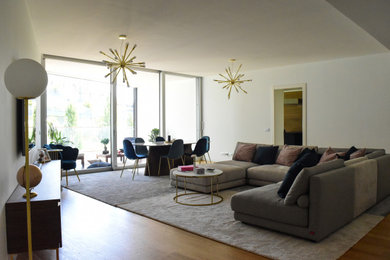 Foto di un ampio soggiorno minimal aperto con pareti bianche, parquet chiaro, TV a parete e pavimento marrone