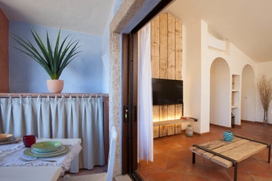 Immagine di un soggiorno costiero di medie dimensioni e chiuso con pareti bianche, pavimento in terracotta e TV a parete