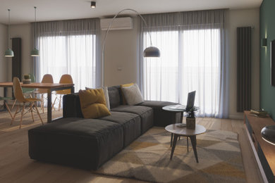 Esempio di un piccolo soggiorno moderno aperto con pavimento in gres porcellanato e TV a parete