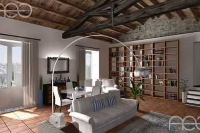 Ejemplo de biblioteca en casa abierta mediterránea extra grande con paredes blancas, suelo de baldosas de terracota, todas las chimeneas, marco de chimenea de yeso, televisor colgado en la pared y suelo naranja