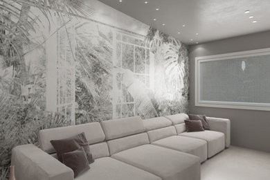 Ispirazione per un grande soggiorno minimalista chiuso con pareti grigie e TV a parete