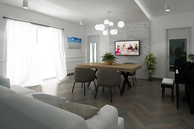 Diseño de salón con rincón musical cerrado moderno de tamaño medio con paredes blancas, suelo de baldosas de porcelana, televisor colgado en la pared y suelo marrón