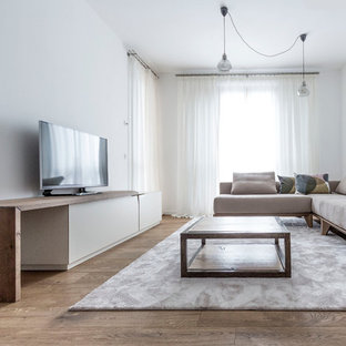 Immagine di un grande soggiorno minimalista con pareti bianche, pavimento in legno massello medio, TV autoportante e divano davanti alla finestra