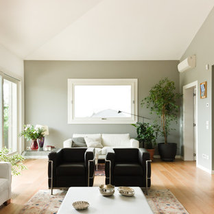 Idées déco pour une grand salle de séjour moderne avec un sol en bois clair, un téléviseur fixé au mur et un mur gris.
