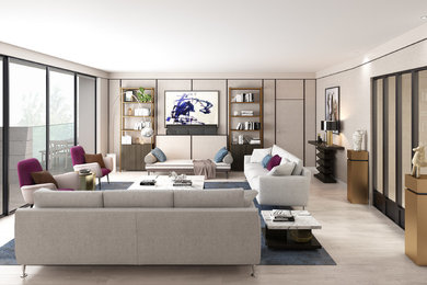 Immagine di un soggiorno minimal con pareti beige, parquet chiaro e TV nascosta