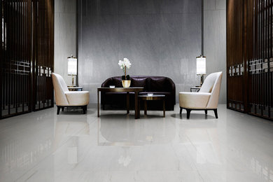 Esempio di un soggiorno minimalista con pareti grigie, pavimento in gres porcellanato e pavimento bianco