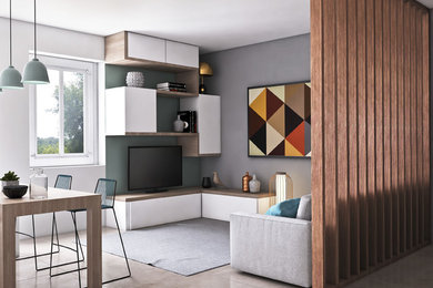 Idee per un soggiorno nordico di medie dimensioni e aperto con pareti grigie, pavimento in gres porcellanato e pavimento beige