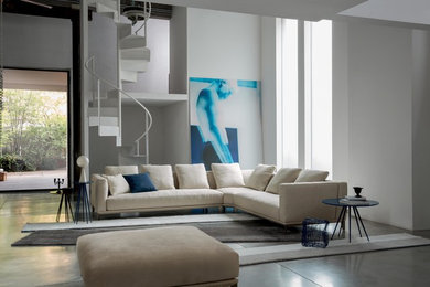 Immagine di un grande soggiorno moderno aperto con pareti bianche e pavimento in gres porcellanato