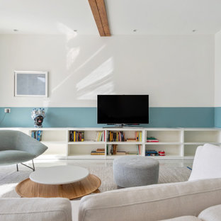 Ispirazione per un soggiorno contemporaneo con pareti blu e TV autoportante