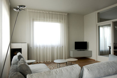 Esempio di un soggiorno minimalista con pareti grigie, pavimento in legno massello medio, camino classico, cornice del camino in pietra e porta TV ad angolo